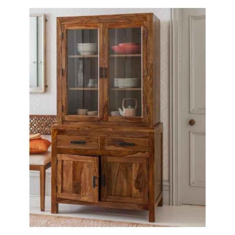 Angel Furniture Solid Sheesham Wood Glossy Finish Brown Tallboy Kitchen Crockery Cabinet, AF-215H