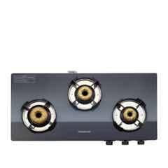 Padmini 3 Burner Stainless Steel Black Manual Ignition Glass Top Gas Stove, 3 GT Fusion