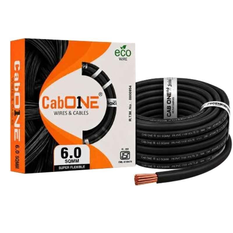 CabONE Lite 6 Sqmm Black Single Core FR PVC Insulated Domestic Copper Cable, Length: 90 m