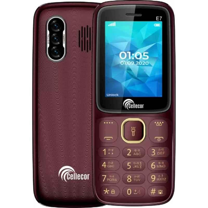 Cellecor E7 32GB/32GB 2.4 inch Red Wine Dual Sim Feature Phone with Torch Light & FM