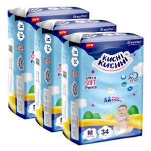 Kuchi Kuchhi 34 Pcs 7-12kg White Medium Ultra Soft Baby Diaper Pant with 3D Bubble Top, KKM34X3 (Pack of 3)