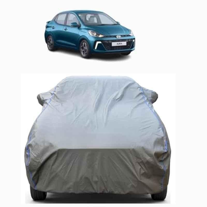 Aarex Auto Polyester Grey 100% Waterproof Car Body Cover with Mirror Pocket, UV Proof, Heat Resistant, Anti Dust & Triple Stitched for Hyundai Aura, DZ-2-Grey