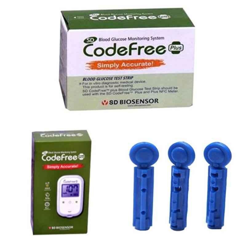SD Codefree Glucometer, 100 Pcs Blood Glucose Test Strips & 100 Pcs Lancets Combo
