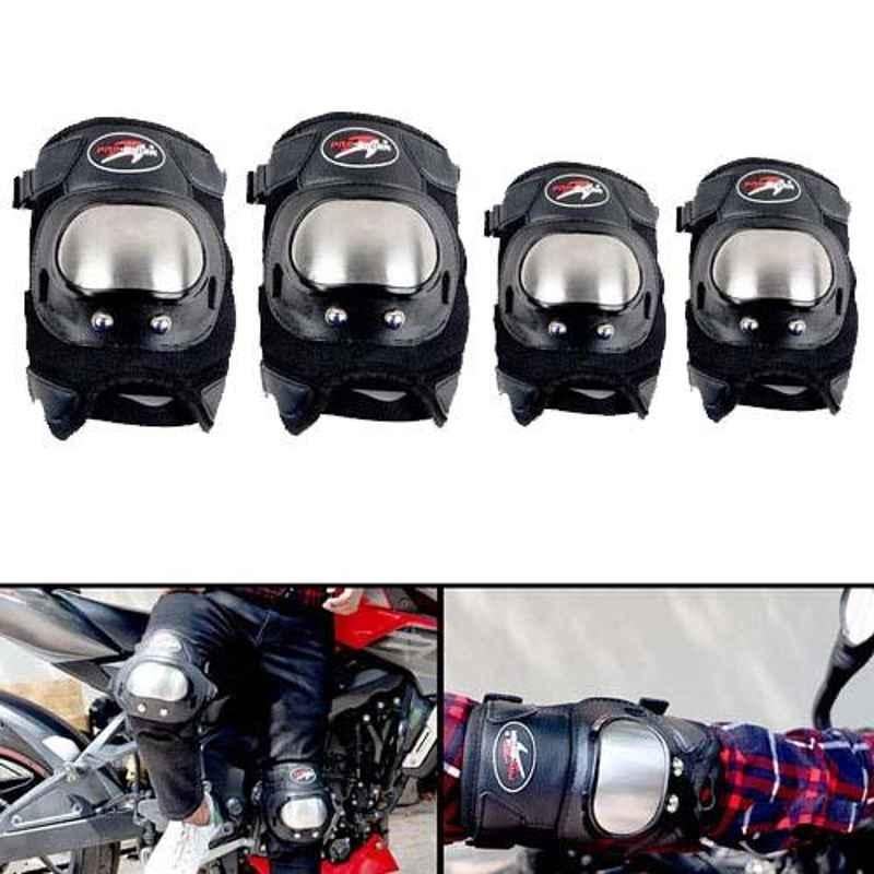 AllExtreme EXSSPG4 4 Pcs Stainless Steel Black Knee & Elbow Guard with Breathable & Adjustable Pads Protector Set