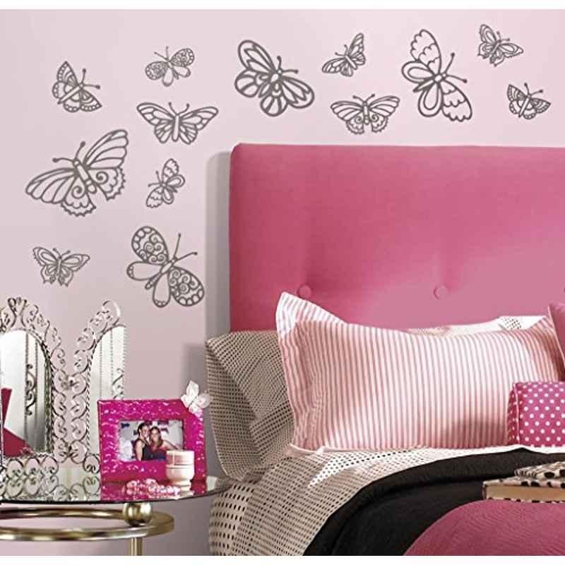 Asian Paints W071D4BRY45 Nilaya Vinyl Grey Glitter Butterflies Self Adhesive Wall Sticker, HPCA4163