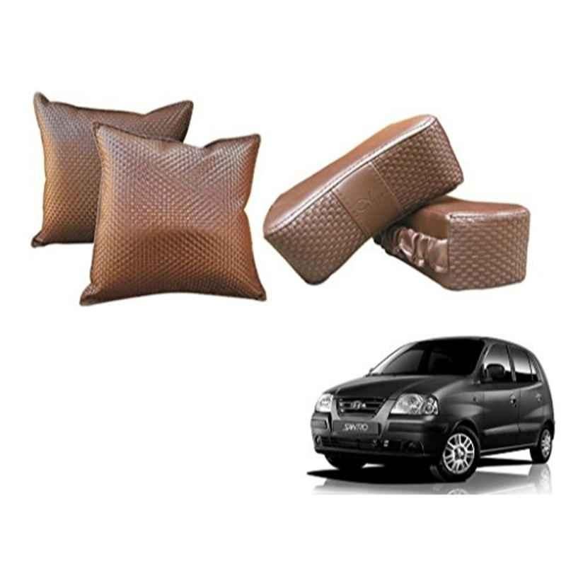 Kozdiko Faux Leather Cola One Pair Cushion Pillow & One Pair Neck Rest Combo for Hyundai Santro Xing