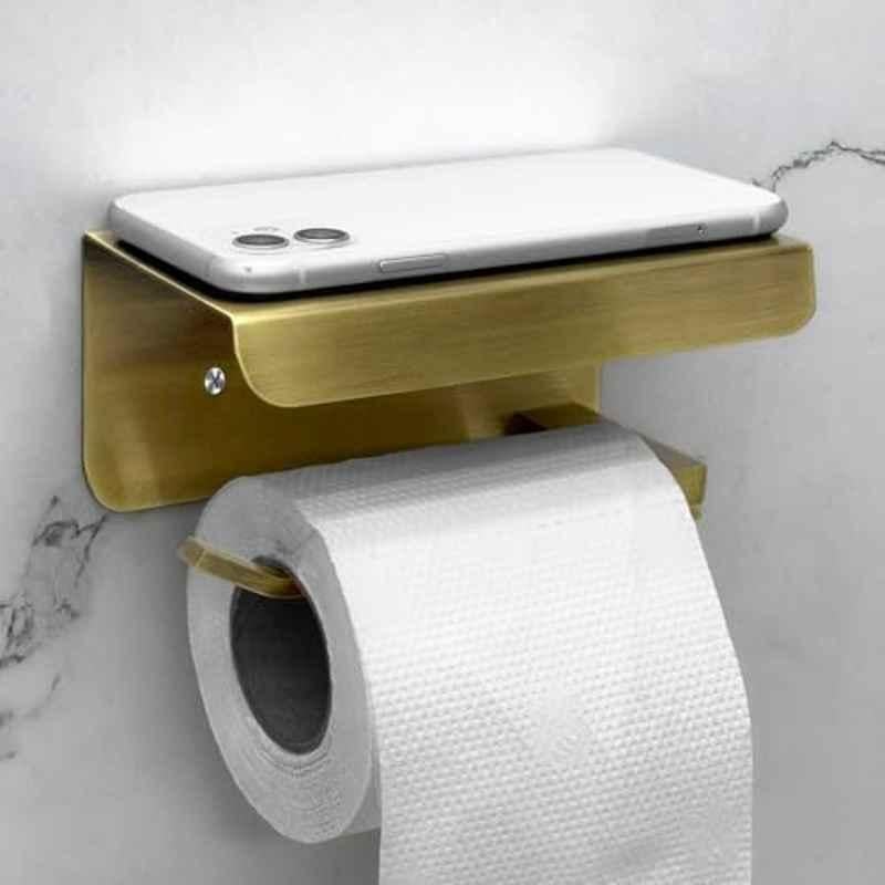 Plantex Toilet Paper Holder for Bathroom/304 Grade Stainless Steel Tissue Paper Roll Holder with Mobile Stand/Bathroom Accessories Antique Brass