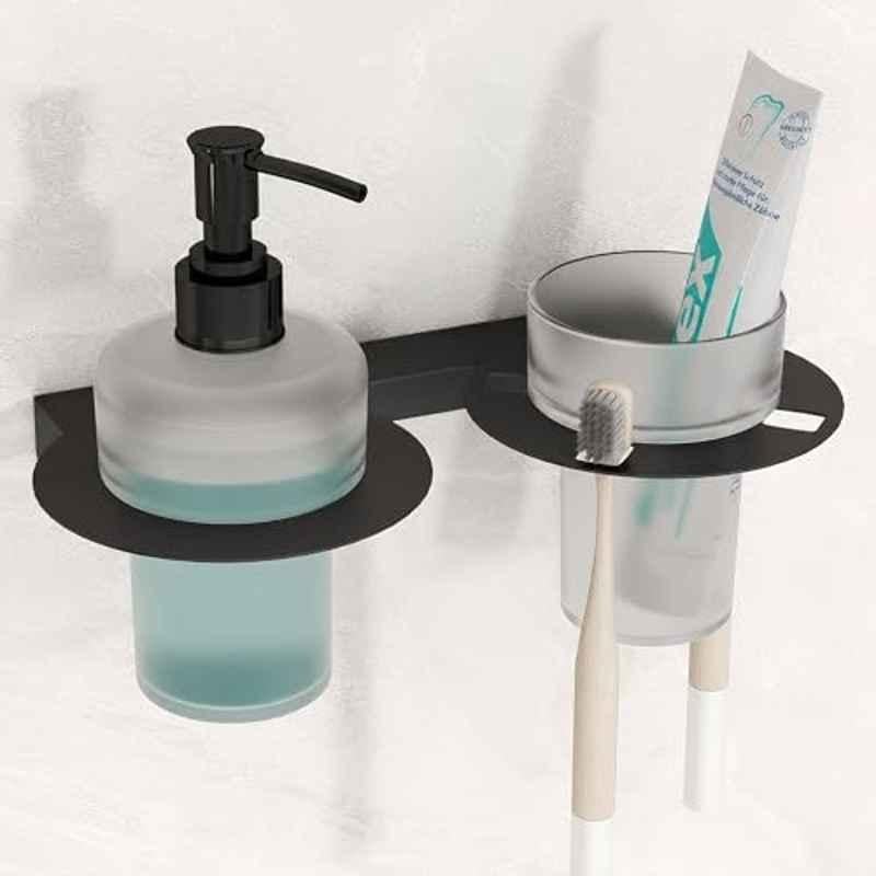 Plantex Soap Dispenser with Tumbler Holder/Stainless Steel 2 4-in-1 Liquid Soap Dispenser/Hand Wash Dispenser with Tooth Brush Holder for Wall Mount/Bathroom Accessories Black