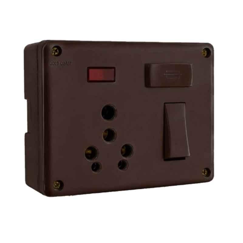 Gold Coast 6/16A Polycarbonate Brown Single Switch Socket Combined Box with Indicator, 2144-BR