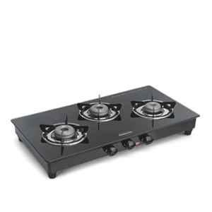 Padmini 3 Burner Stainless Steel Black Manual Ignition Glass Top Gas Stove, 3BR CS-3 GT Prima