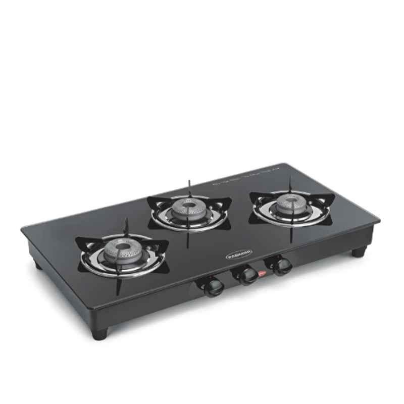 Padmini 3 Burner Stainless Steel Black Manual Ignition Glass Top Gas Stove, 3BR CS-3 GT Prima