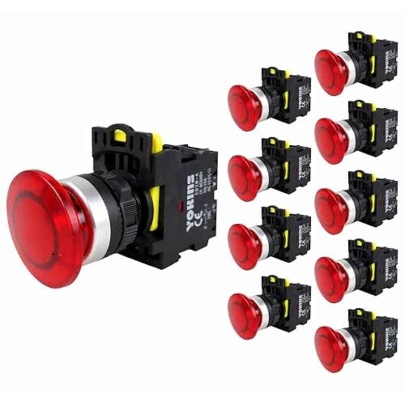 Yokins 22mm 220VAC Red Illuminated Mushroom Push Button Switch with LED Indicator, EB2M-A-01R-MD (Pack of 10)