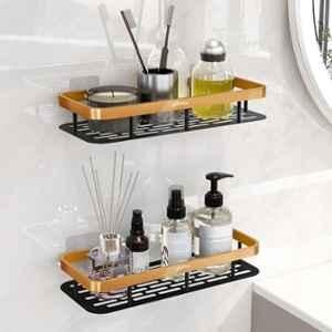 Plantex No Drill Bathroom Organiser/Self Adhesive Stainless Steel Shelf for Bathroom with Aluminium Railing/Storage Organiser- Pack of 2 (12x5 inches, Gold & Black)