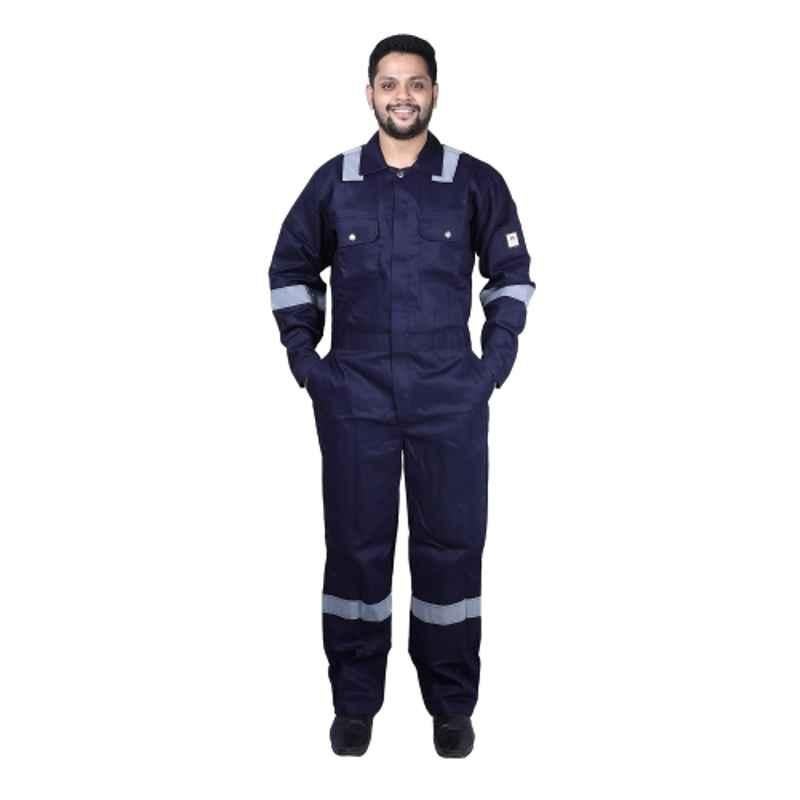French Terrain 280 GSM 100% Cotton Navy Blue Pyrovatex Fire Retardant Industrial Safety Boiler Suit with Reflective Tape, Size: L (40 cm)