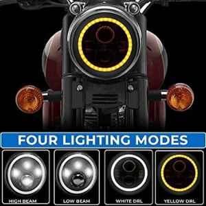 AOW 7 Inch 6 LED Headlight Dual Color DRL Ring Universal for All Royal Enfield Models, Mahindra Thar Jeep (White and Amber, Single Unit) H-9