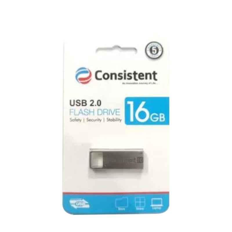 Consistent 16GB Metal Silver USB 2.0 Flash Pen Drive, CTP10016