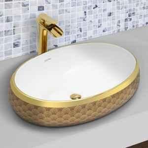 Plantex 24x16x6.5 inch Ceramic Gold & White Wash Basin for Bathroom, APS-3717-NC-121