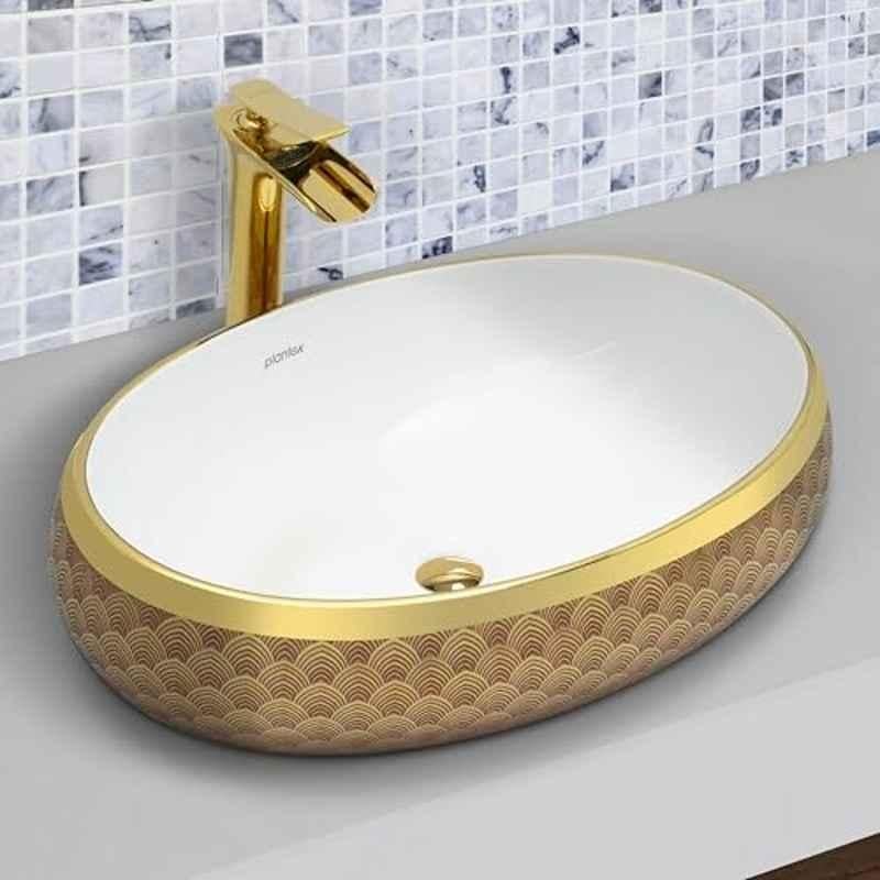 Plantex 24x16x6.5 inch Ceramic Gold & White Wash Basin for Bathroom, APS-3717-NC-121