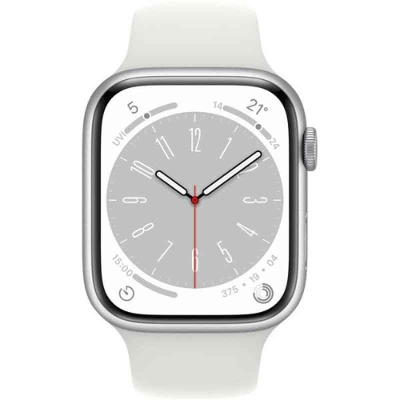 Apple Series-8 45mm Stainless Steel Case Silver GPS + Cellular Watch with Regular White Sport Band