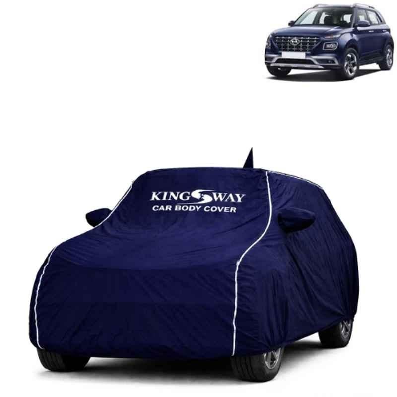 Kingsway Super Waterproof All Weather Protection Polypropylene Blue Car Cover for Hyundai Venue 2019 to 2022 with Silver Piping, Mirror & Antenna Pockets