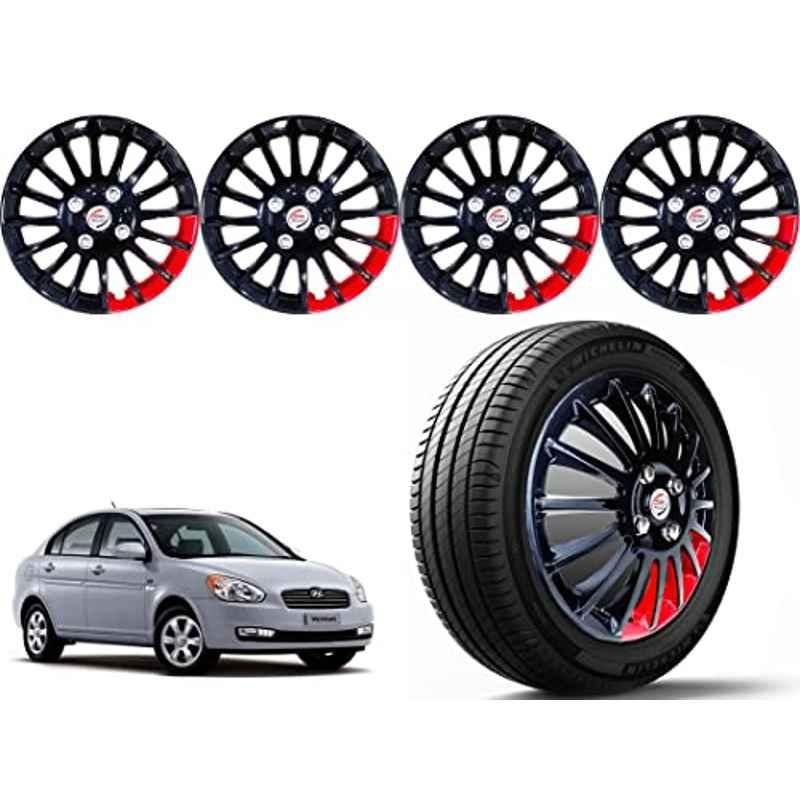 Auto Pearl 4 Pcs 14 inch Polypropylene Black & Red Press Type Car Wheel Cover Set with Retention Ring for All Cars