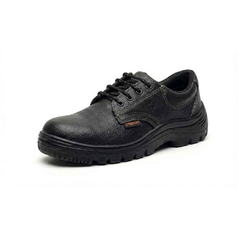 Hind Pro Comfort Barton Print Split Leather PU Steel Toe Black Safety Shoe for Men, Size: 7