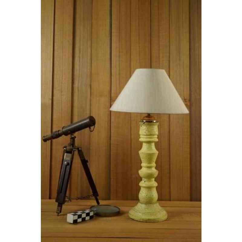 Tucasa Mango Wood Vintage Yellow Table Lamp with 10 inch Polycotton Off White Pyramid Shade, WL-266