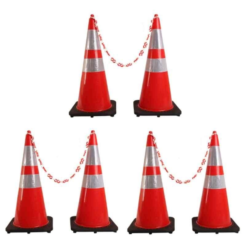Ladwa 750mm Superior Reflective Strips Collar Road Traffic Cone with 6m Chain & 6 Hooks, LSI-BC-P6 (Pack of 6)