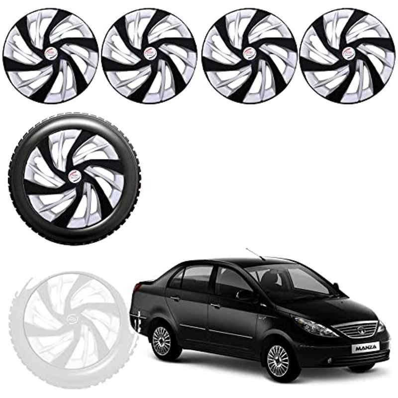 Auto Pearl 4 Pcs 15 inch Black & Silver ABS Press Type Hubcap Wheel Cover Set with Retention Ring for Tata Manza