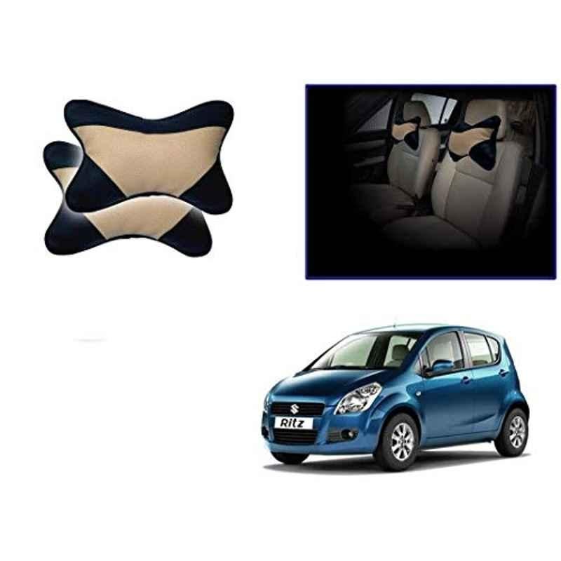 Kozdiko 2 Pcs Memory Foam Beige & Black Car Neck Rest Cushion Pillow Set for Maruti Suzuki Ritz