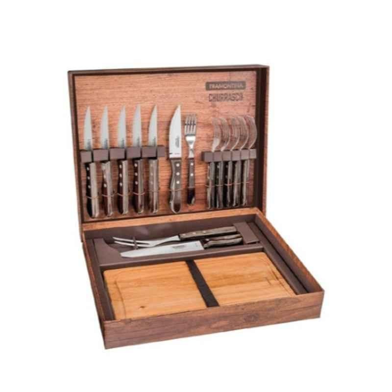 Tramontina 15Pcs Stainless Steel Mahogany BBQ Knives Set with Cutting Board, 21198970