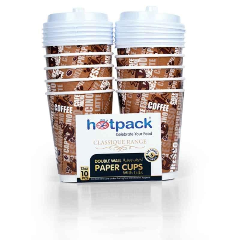 Hotpack 10Pcs 12Oz Paper Double Wall Cup with Lid Set, HSMDWPC12