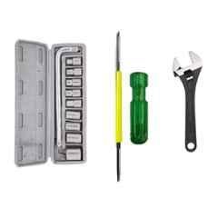 Hillgrove HGCM413M1 10 Pcs Hex Socket Spanner Set, 2-in-1 Screwdriver & 8 inch Adjustable Wrench Combo, HGCM712