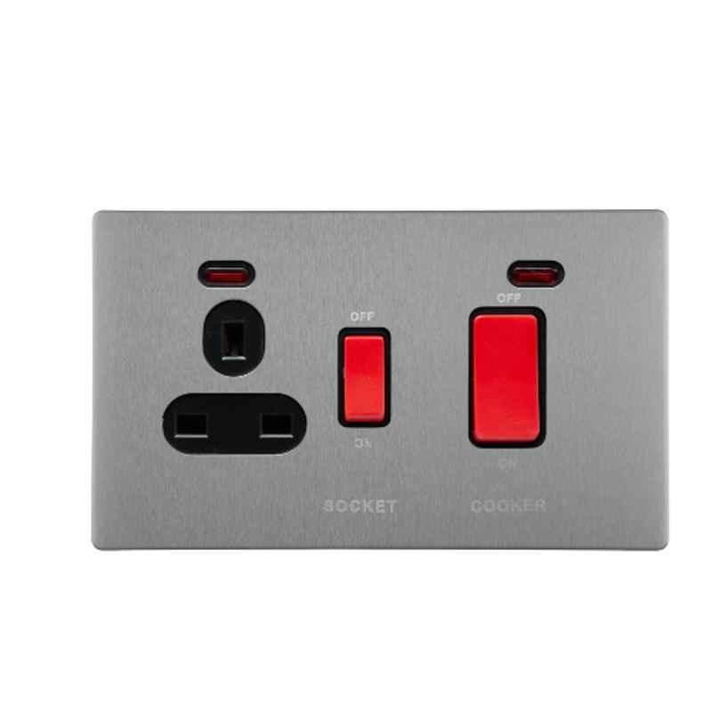 RR Vivan Metallic 45A Brushed Stainless Steel 1-Gang DP Switch & 13A Outlet Switched Socket with Neon Black Insert, VN6633M-B-BSS