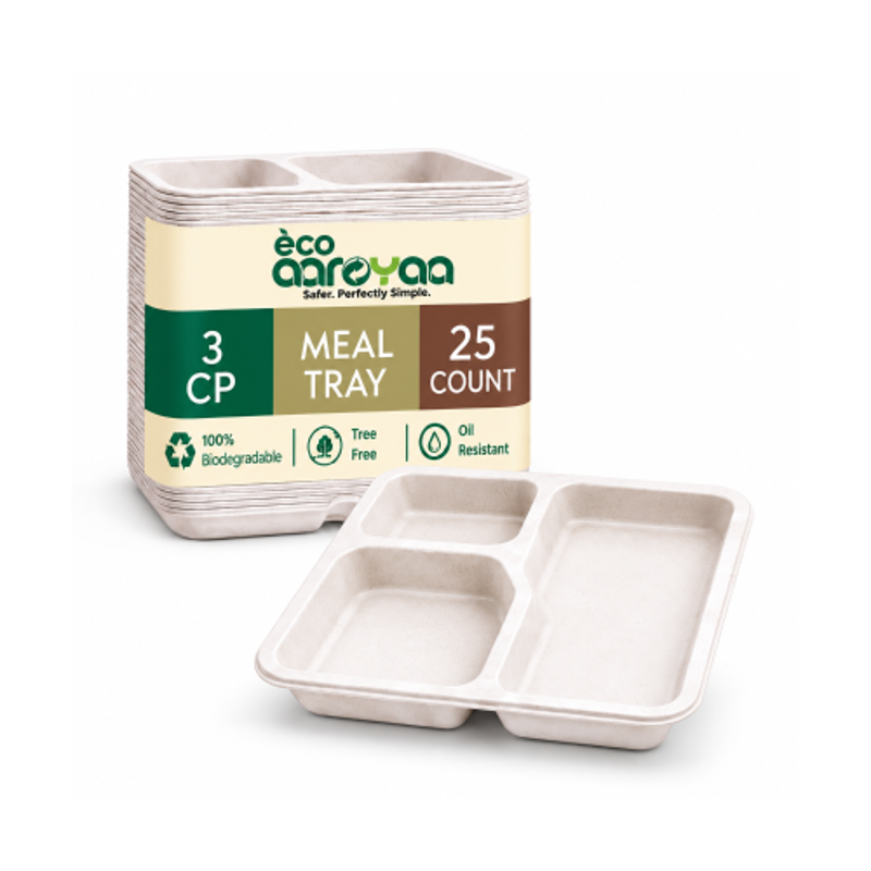 Eco Bagasse 3 Compartment Meal Trays 9 inch Eco-Friendly Bagasse Disposable Plates- Strong Oil & Water Resistant Disposable Plates with Compartments (9-Inch, Pack of 25)