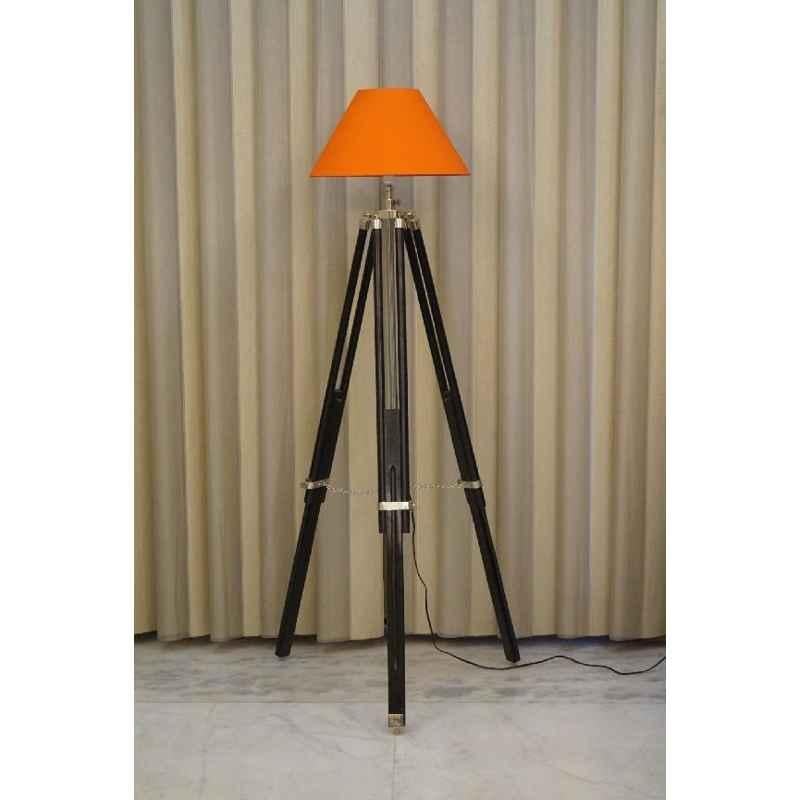Tucasa Mango Wood Black Tripod Floor Lamp with Polycotton Orange Shade, P-110