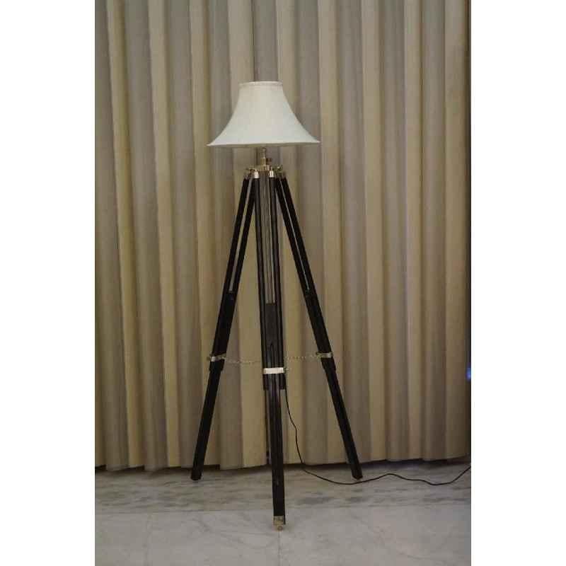 Tucasa Mango Wood Black Tripod Floor Lamp with Polycotton Off White Shade, P-112