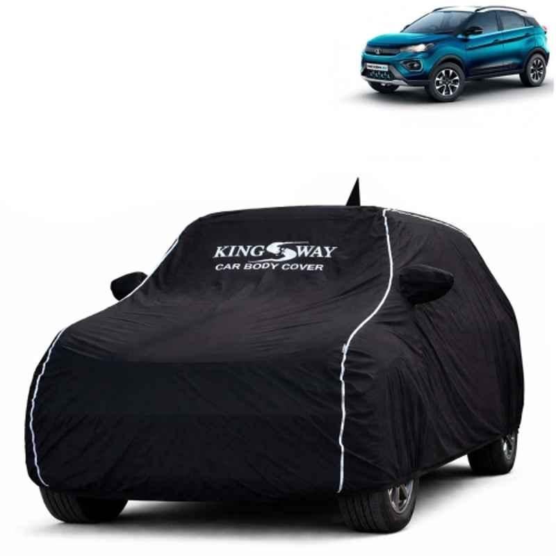Kingsway Super Waterproof All Weather Protection Polypropylene Black Car Cover for Tata Nexon EV 2020 to 2023 with Silver Piping, Mirror & Antenna Pockets