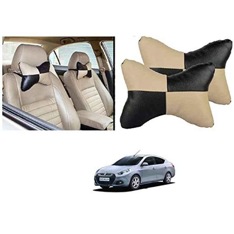 Kozdiko 2 Pcs Black & Beige Car Square Chess Design Neck Rest Seat Pillow Set for Renault Scala