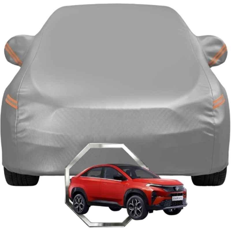 Allextreme Polyester Grey with Highlighter Car Cover with Mirror Pocket & Triple Stitched Bottom Elastic for Tata Curvv All Model & Years, PV-GR-04
