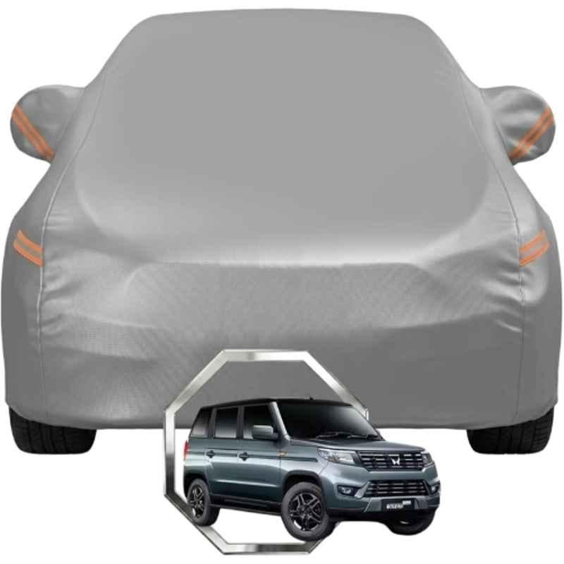 Allextreme Polyester Grey with Highlighter Car Cover with Mirror Pocket & Triple Stitched Bottom Elastic for Mahindra Bolero Neo All Model & Years, MHN-BLR-NEO-GRY