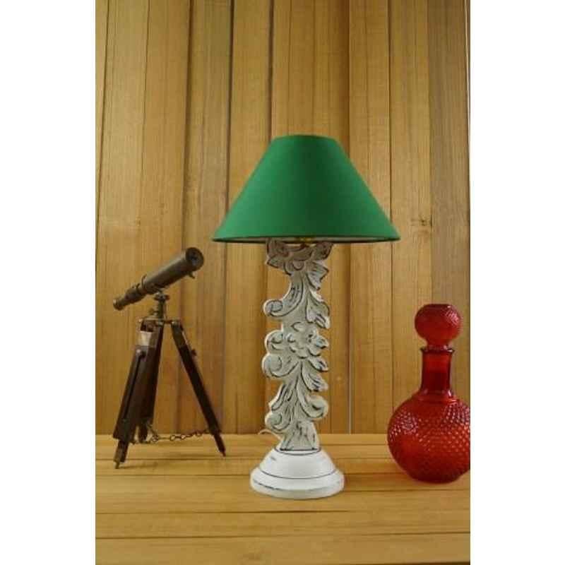 Tucasa Mango Wood Antique White Carving Table Lamp with 10 inch Polycotton Green Pyramid Shade, WL-2