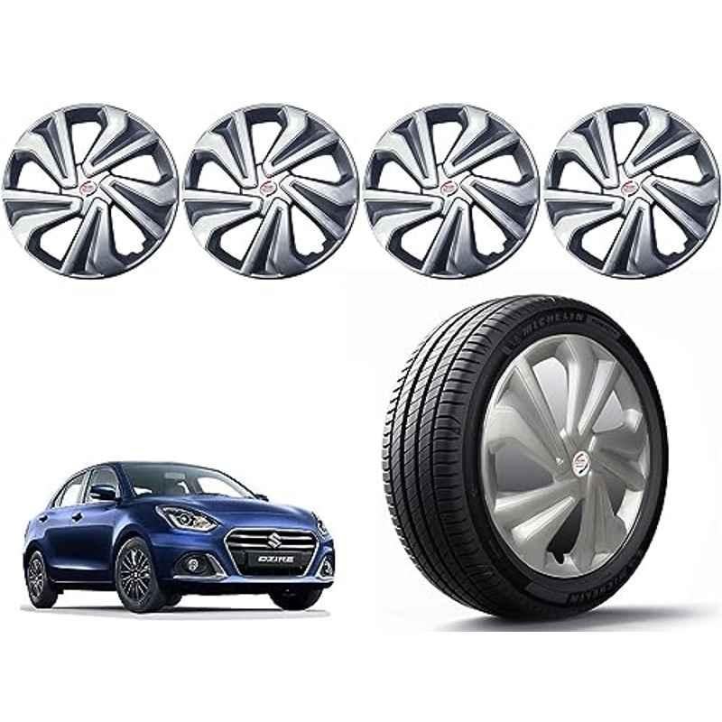 Auto Pearl 4 Pcs 14 inch Polypropylene Silver Press Type Car Wheel Cover Set with Retention Ring for Maruti Suzuki Swift Dzire 2022 Onwards, 14WC_Tiago_Silver_Dzire2022onwards