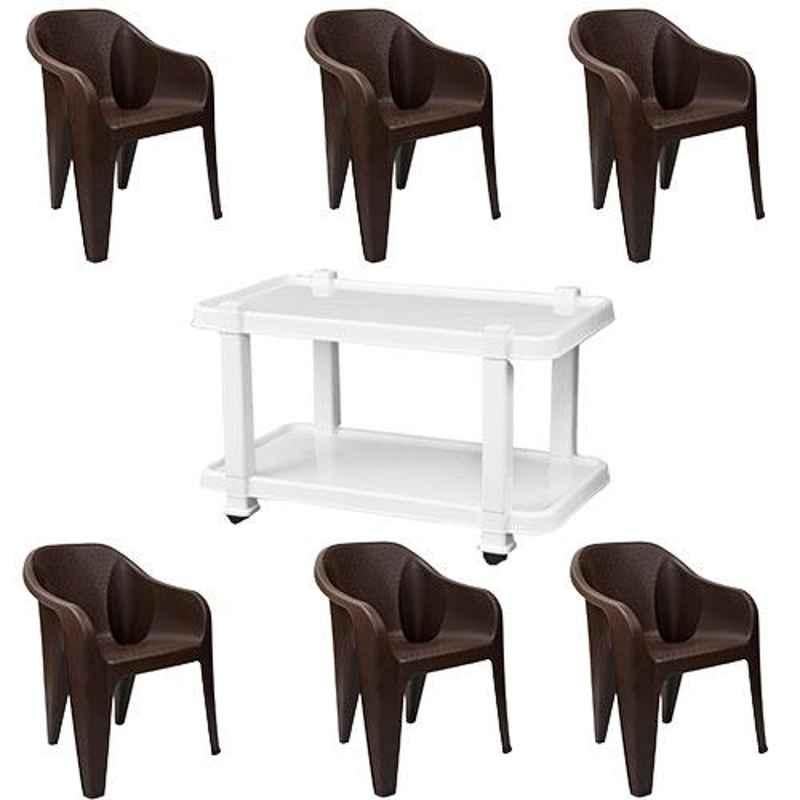 Italica 6 Pcs Polypropylene Tan Brown Luxury Arm Chair & White Table with Wheels Set, 2019-6/9509