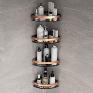 Plantex Self Adhesive Corner Shelf for Bathroom Wall/Aluminium & Stainless Steel Corner Rack/Storage Organizer/Bathroom Accessories Set (Pack of 4) 8x8 inch, Copper & Black