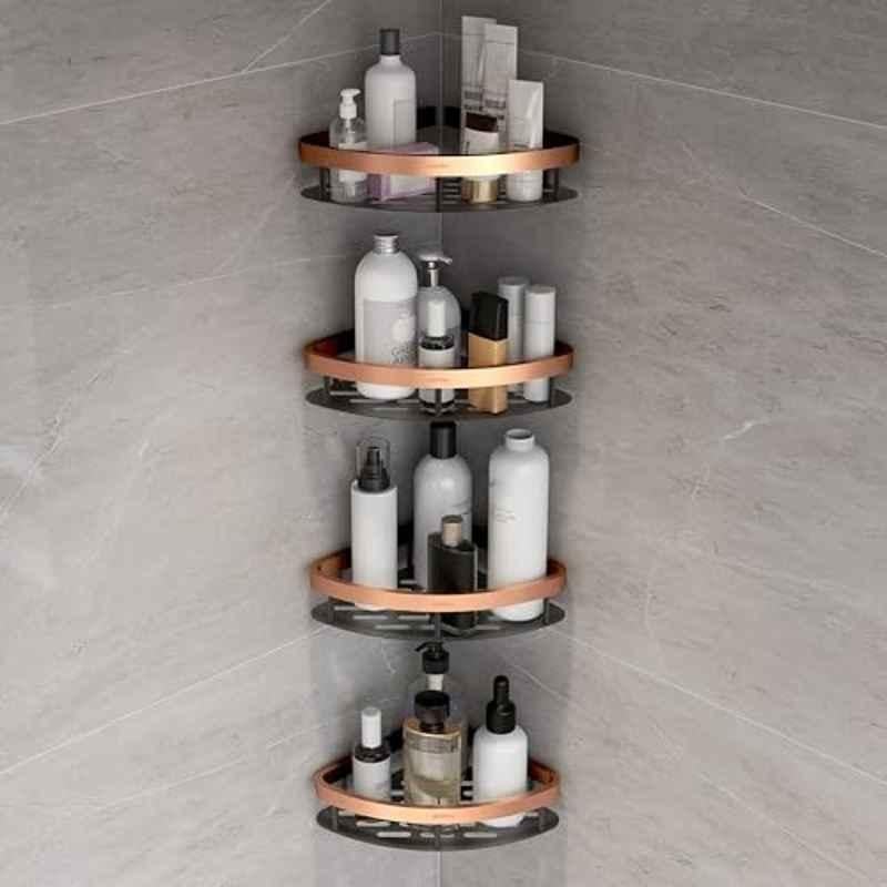 Plantex Self Adhesive Corner Shelf for Bathroom Wall/Aluminium & Stainless Steel Corner Rack/Storage Organizer/Bathroom Accessories Set (Pack of 4) 8x8 inch, Copper & Black