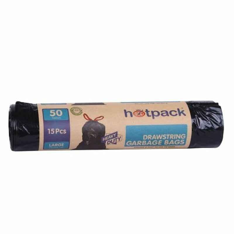 Hotpack Heavy Duty Tie Garbage Bag Rolls, HSMTBBR75103, 50 Gallons, Black, 180 Pcs/Carton