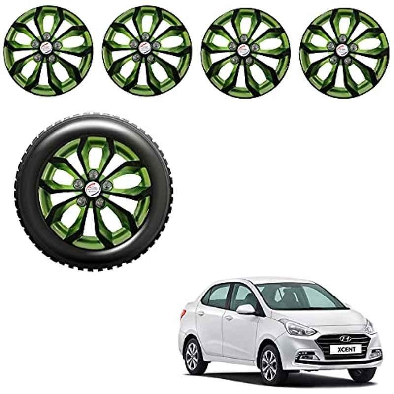 Auto Pearl 4 Pcs 14 inch Black & Green ABS Press Type Hubcap Wheel Cover Set with Retention Ring for Hyundai Xcent2018