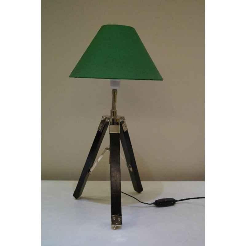 Tucasa Mango Wood Black Tripod Table Lamp with Polycotton Green Shade, P-40