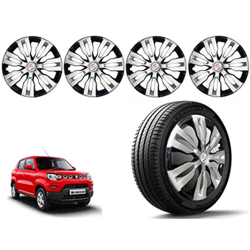 Auto Pearl 4 Pcs 14 inch Polypropylene Silver & Black Press Type Car Wheel Cover Set with Retention Ring for Maruti Suzuki S Presso, 14WC_Dzire2017_DC_SPresso